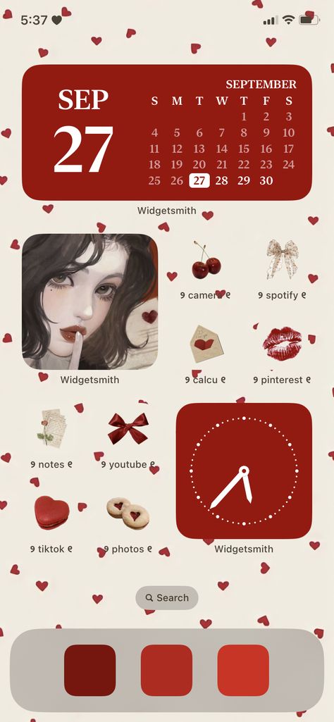 Red Wallpaper Iphone Widget, Lovecore Phone Layout, Dark Red Homescreen Ideas, Love Phone Theme, Red Ios Homescreen Ideas, Red Theme Iphone Layout, Pink And Red Phone Layout, Hello Kitty Phone Theme Red, Heart Homescreen Layout