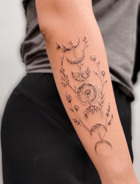 Flower Tattoos Feminine, Woman Shin Tattoo Ideas, Taurus And Moon Tattoo, When The Sun Shines We'll Shine Together Tattoo, Moon And Vines Tattoo, Outer Leg Tattoos Women, Tattoo Sleeve Women Fine Line, Outside Calf Tattoo, Moon Phase Floral Tattoo