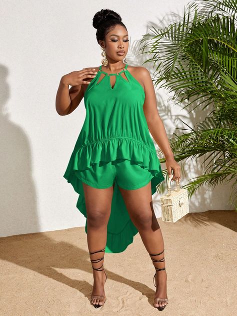 Green Casual Collar   Plain  Embellished Slight Stretch  Women Plus Clothing Mexico Vacation Outfits Plus Size, Halter Top And Shorts, Mexico Vacation Outfits, Plus Size Vacation, Sets Summer, Top Halter, Halter Tops, Co Ords, Plus Size Fashion For Women