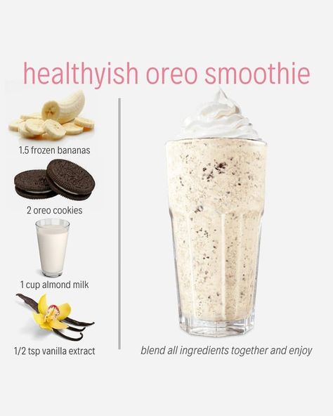 💕Enter this ‘Healthyish Oreo Smoothie’. A recreation of an Oreo Milkshake that is dairy free and the perfect indulgence for a hot summer day. . ✔️Simply add all ingredients to a blender and combine... Oreo Smoothie, Dairy Free Milkshake, Resep Starbuck, Vegan Dessert Recipes Healthy, Vegan Smoothie Bowl, Resep Smoothie, Oreo Milkshake, Vegan Smoothie, Healthy Vegan Desserts