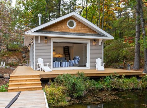 Six Mile Lake Dry Boathouse - PattyMac Boathouse With Living Quarters, Waterfront Design, Sleek Modern Kitchen, Boathouse Design, Bathroom Fireplace, Lake Boat, Boat House, Corner Fireplace, River House