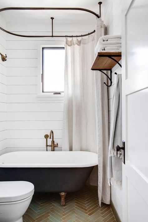 Vintage Black Clawfoot Bathtub with Gold Feet - Cottage - Bathroom Small Bathroom Clawfoot Tub, Small Bathroom With Clawfoot Tub, Clawfoot Tub Shower Combo, Herringbone Floor Tiles, Tub Shower Combo Ideas, Bathroom With Clawfoot Tub, Mulberry House, Black Clawfoot Tub, Clawfoot Tub Bathroom