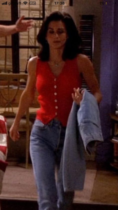 Friends outfits Monica Geller Red Top, Friends Vest Outfit, 90s Fashion Outfits Friends, 90s Best Outfits, Friends 90s Outfits Monica, Monica Gellar 90s Outfits, 90s Vintage Outfits Women, 90s Fashion Casual Outfits, 90s Pinafore Outfit