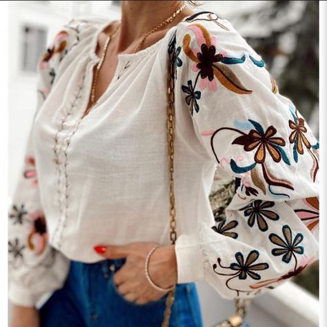 Gift for her, Gift for him,Floral Embroidered Blouse,Women's Clothing,Spring Blouse, The Product in the Image Is a Size of S/36 S(36) M(38) L(40) Sizes Are Available The fabric is cotton Dimensions of the model: Height: 1.74, Weight: 54, Bust:84, Waist:66, Hips:95 Embroidered Shirts For Women, Embroidered Tops For Women, White Embroidered Blouse, Spring Blouse, Victorian Blouse, Mexican Blouse, Tropical Holiday, Spring Blouses, Special Clothes