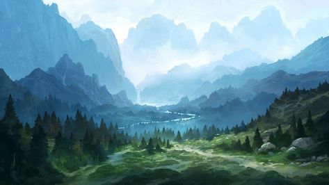 Fantasy Mountains, Mountain Waterfall, River Forest, R Wallpaper, Arte Van Gogh, Forest Mountain, Mountain Wallpaper, Fantasy Places, Lukisan Cat Air
