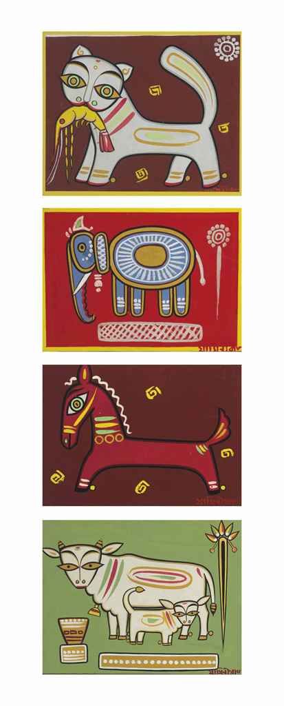 Jamini Roy (1887-1972)  Untitled (Cat with Shrimp, Elephant, Horse, Cow and Calf) Cats Crafts, Jamini Roy, Phad Painting, Cow And Calf, Bengali Art, Indian Artists, Indian Arts And Crafts, Painting Cat, Madhubani Art