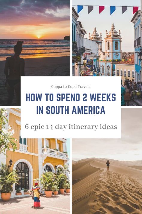 Stuck on how to spend your 2 week annual leave, and not sure where to even go? We've got a collection of easy 14-day itineraries for various countries in South America to help you plan a holiday. Get the most out of your 2 weeks in South America with travel itineraries for Peru, Colombia, Brazil, Uruguay and more #travelplans #itineraries #travelitinerary #2weeks #14daysleave #annualleave #southamericatravel #travelideas #destinations #destinos #wheretotravel #wheretogo #holidayplanning #14days South America Destinations, 2 Weeks In South America, South America 2 Week Itinerary, South America Itinerary 2 Weeks, South America Itinerary, Countries In South America, South America Travel Itinerary, South America Travel Destinations, Backpacking South America