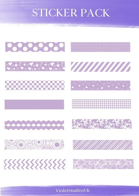 This adorable set of 14 purple and white digital washi tape stickers will be the perfect addition for your digital bullet journal or scrapbook. Digital Washi, Kertas Vintage, Printable Paper Patterns, Washi Tape Stickers, Stickers For Goodnotes, Digital Bullet Journal, Design Tape, Tape Stickers, Kartu Doa