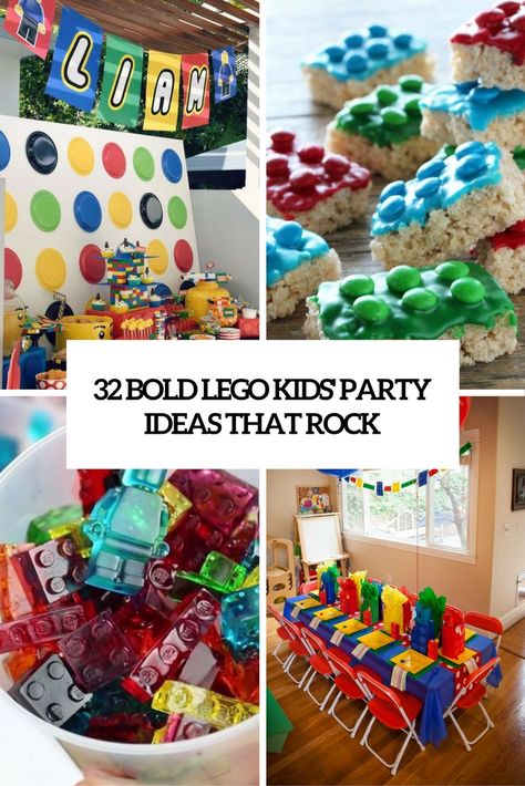 bold lego kids party ideas that rock cover Lego Birthday Party Crafts, Lego Party Food, Lego Banner, Lego Balloons, Lego Party Decorations, Block Birthday Party, Kids Party Ideas, Lego Themed Party, Lego Land