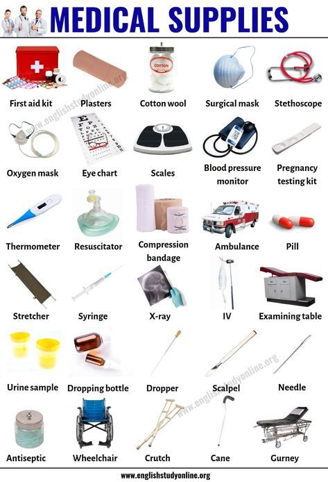 Medical Supplies: Useful List of 30 Medical Equipment in English - English Study Online Medical Flashcards, Medical Tools, Medical Words, Study Online, Learning English For Kids, English Vocab, Aktivitas Montessori, English Language Teaching, English Lessons For Kids