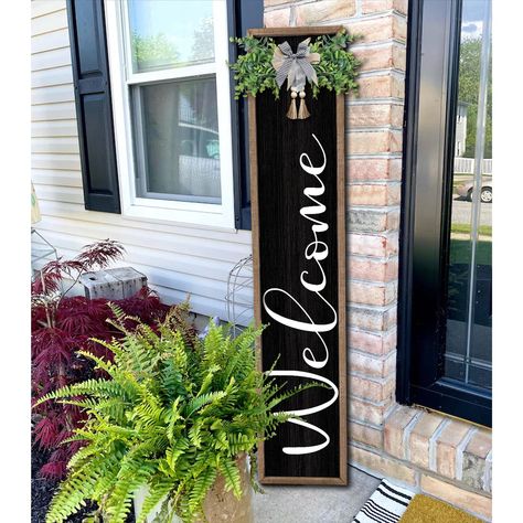 PRICES MAY VARY. 【Highquality Material】: the hanging vertical welcome sign for front porch is made of natural and quality wood material, sturdy and reliable to use, It is printed with weatherproof UV Inks that won’t fade, peel or crack. 【Perfect Size】: Welcome sign is 45" tall and 9" wide , 1" thick, weighs 2.5 lb. Ready to hang anywhere you want guests to see in your home, such as the porch, yard, entrances, entryways, front porches and walls and any conspicuous position. 【Exquisite Craftsmansh Small Porch Ideas On A Budget, Modern Home Outside, Farmhouse Outside, Small Porch Ideas, Dr Ideas, Railing Designs, Outdoor Welcome Sign, Small Porch, Welcome Signs Front Door