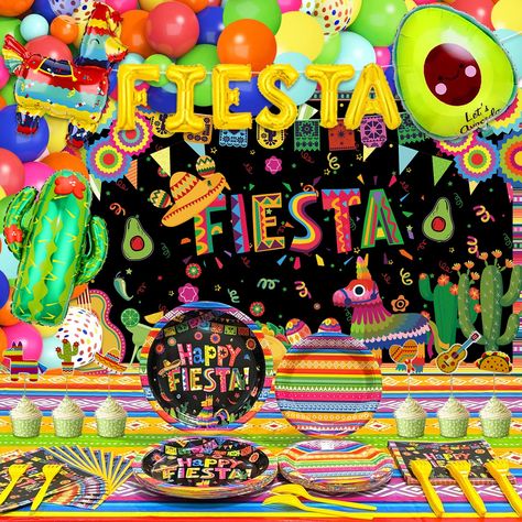 PRICES MAY VARY. All-in-One Fiesec Mexican Birthday Party Decorations Set :Our 138Pcs mexican fiesta party supplies set Includes 16 X 9in fiesta paper plates, 16 X 7in dessert plates,20 mexican paper napkins, 16 plastic forks, 1 fiesta backdrop(59*39.3in), 6 fiesta cake topper,1 fiesta tablecloth(108 X 54in) ,1 mexican fiesta banner,3 foil balloons sombrero, llama and avocado,58 latex balloons, 1 glue dots, 1 ribbon,and 1 balloon chain . Each mexican fiesta birthday party pack set allows to serv Mexican Birthday Party Decorations, Happy Fiesta, Mexican Fiesta Party Decorations, Tablecloth Backdrop, Rainbow Birthday Decorations, Mexican Fiesta Birthday Party, Backdrop Balloons, Mexican Theme Party Decorations, Fiesta Party Supplies