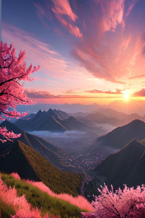 anime, landscape, mountain, sunset, pink sky, clouds, man, nature, scenery, horizon, wanderlust, travel, adventure, art, photography Beautiful Calm Scenery, Anime Mountain Wallpaper, Nature In Anime, Pink Mountains Aesthetic, Nature Aesthetic Anime, Anime Nature Aesthetic, Nature Aesthetic Landscape, Landscape Photography Aesthetic, Pink In Nature