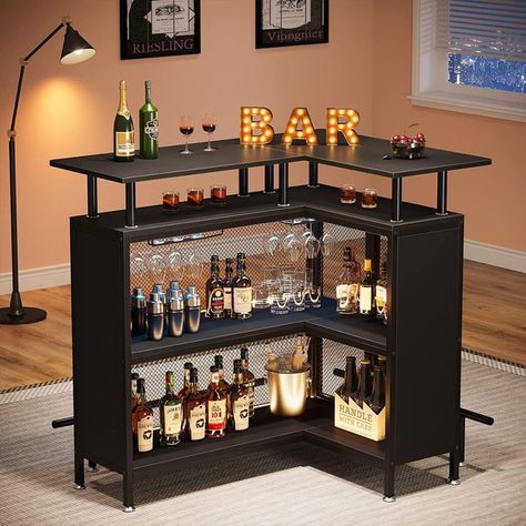 Home bar unit with a powerful storage function. 2-tier storage shelves to can store dozens of spirits, mixers, and 2 built-in stemware racks that hold up to 12 wine glasses or champagne flutes. Corner Bar Ideas For Home, Corner Bar Ideas, Home Bar Unit, Liquor Cabinet Bar, Bar Table Design, Corner Bar Cabinet, L Shaped Bar, Bar For Home, Home Bar Cabinet