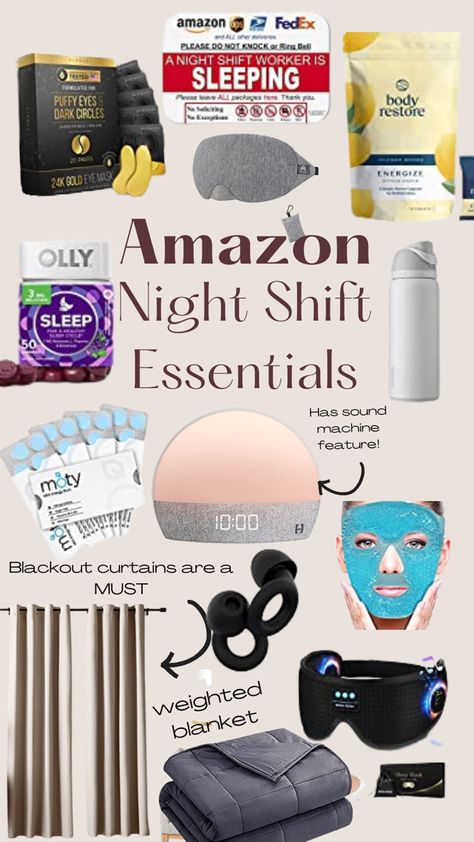 Amazon finds: night shift essentials. Sleeping eye mask, hatch alarm clock, gel eye pads, sound machine, Olly sleep supplement,  round ear plugs, blackout curtains, weighted blanket, caffeine gum Nurse Work Bag, Cna Jobs, Working Night Shift, New Grad Nurse, Nursing School Essential, Nursing School Motivation, Gold Eye Mask, Nurse Study Notes, Labor Nurse