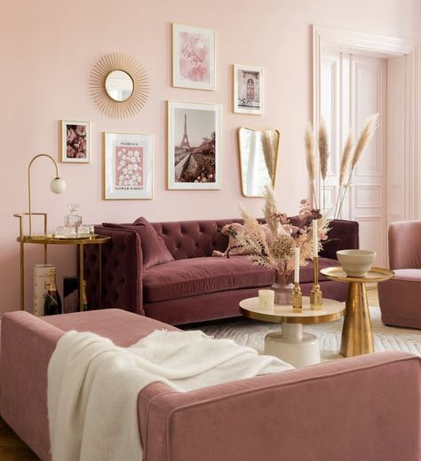 Pink And Brown Living Room Decor, Goddess Living Room, Pink Living Room Walls, Pink Couch Living Room, Blush Living Room, Feminine Living Room, Rum Inspo, Pink Living Room Decor, Paris Gallery