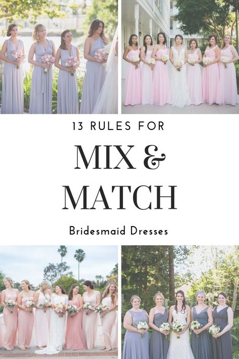 13 tips for nailing your mismatched bridesmaids dresses. Learn how to set expectations and guidelines with your girls, along with how to determine the color palette, length, and neckline. #kaitlincooper #weddingphotography #bridesmaids #dresses #fashion #wedding Bridesmaids Same Color Different Fabric, Bridesmaid Dress Combinations, Mixed Length Bridesmaid Dresses, Small Mismatched Bridal Party, Blush Pink Mix And Match Bridesmaids, Alternating Bridesmaid Dress Colors, Same Colour Different Dress Bridesmaids, Mix And Match Bridesmaid Dresses Pink, Mismatched Bridesmaids And Groomsmen