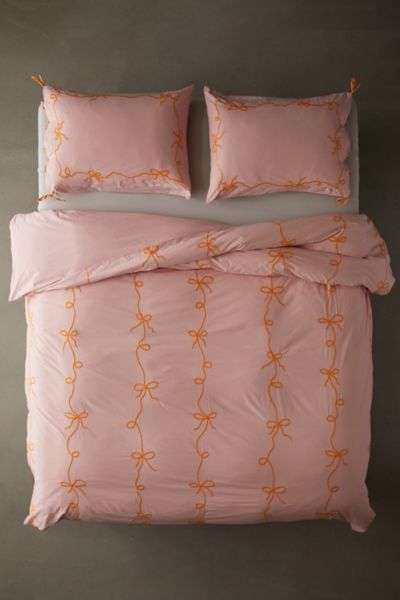 Dorm Room Bedding, Dorm Room Comforters, Urban Outfitters Bedding, Pink Dorm Rooms, Duvet Covers Urban Outfitters, Pink Dorm, Embroidered Duvet Cover, Orange Bedding, Pink Duvet Cover