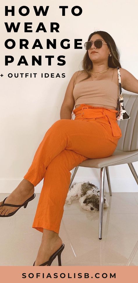 Orange On Orange Outfit, Orange Khaki Pants Outfit, What To Wear With Orange Shorts, Neon Orange Pants Outfit, Colourful Wide Leg Pants Outfit, Orange Wide Leg Pants Outfit Summer, Orange Trousers Outfit Color Combos, Bright Orange Pants Outfit, How To Wear Orange Pants