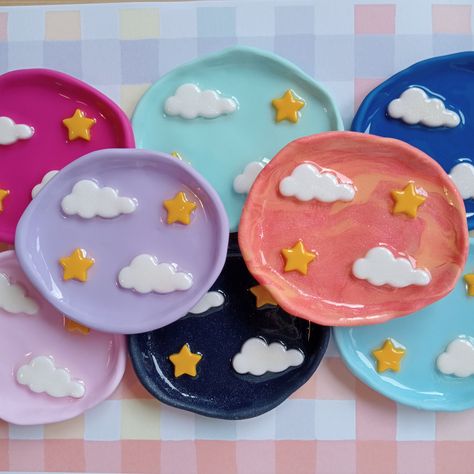 Starry Night Polymer Clay Trinket Dishes - Etsy Canada Fimo, Cute Air Clay Ideas, Trinket Bowl Clay, Air Dry Clay Trinket Dishes Diy, Baked Clay Ideas, Polymer Barrette, Air Dry Trinket Dish, Clay Cat Dish, Cute Things To Do With Clay