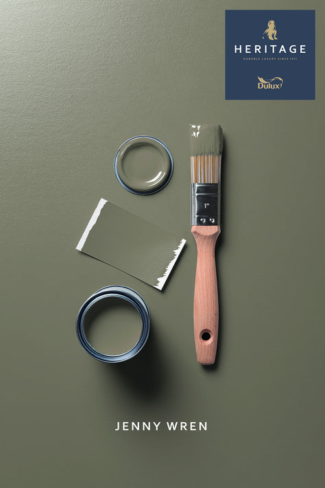 Dulux Heritage Jenny Wren Dulux Heritage Jenny Wren, Khaki Green Walls, Khaki Kitchen Walls, Australian Paint Colours Interior, Khaki Walls Living Room, Khaki Green Paint, Meadowlands Farm, Khaki Paint Colors, Khaki Kitchen