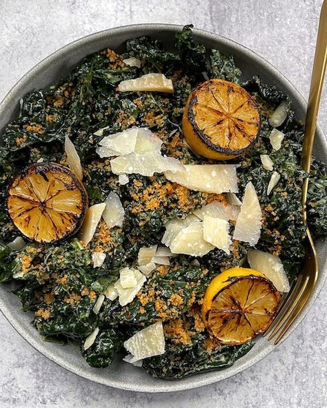 Roasted Garlic Kale Caesar with Spicy Breadcrumbs and Charred Lemon Spicy Bread, Charred Lemon, Garlic Kale, Kale Caesar, Lemon Recipe, Kale Caesar Salad, Seasonal Salad, Vodka Sauce, Lentil Salad