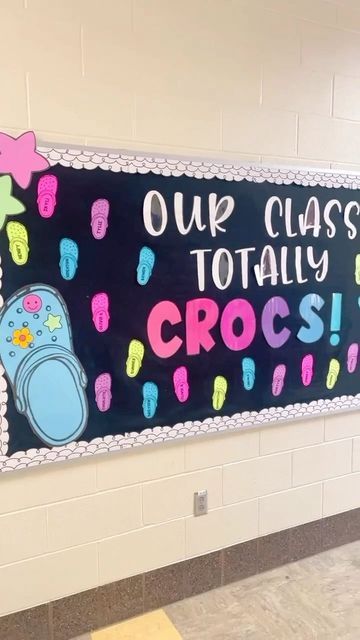 Madie Caldwell on Instagram: "⭐️ IF YOU AINT CROCIN’ YOU AINT ROCKIN! ⭐️ This bulletin board doubles as a get to know you activity for back to school! 🥰 Plus it’s unique and different, and your students will appreciate it! 💕 #teacher #teachersofinstagram #classroomdecor #crocs #teacherspayteachers #bulletinboard" Classroom Doors Ideas Back To School, Kudos Bulletin Board Ideas, Classroom Art Bulletin Boards, Instagram Door Classroom, Bulletin Board Title Ideas, Did You Know Bulletin Board Ideas, Bulletin Board Ideas For School September, Getting To Know You Bulletin Board Ideas, Classroom Room Ideas