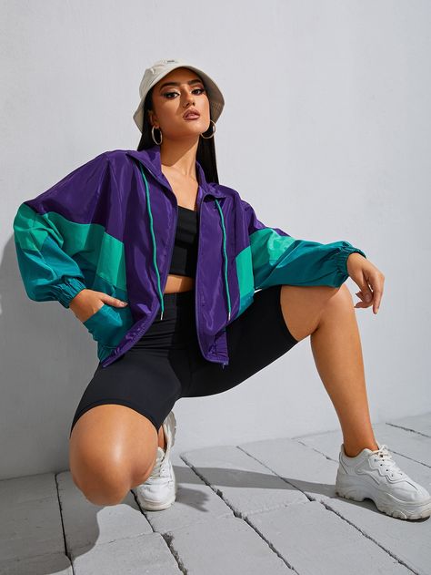 Multicolor Sporty  Long Sleeve Polyester Colorblock Windbreaker Embellished Non-Stretch Spring/Fall Women Outerwear Windbreaker Outfit Casual, 90s Windbreaker Outfit, 80s Windbreaker Outfit, Colorful Windbreaker, 80s Windbreaker, Colorblock Windbreaker, Windbreaker Outfit, Spirit Week Outfits, 90s Windbreaker