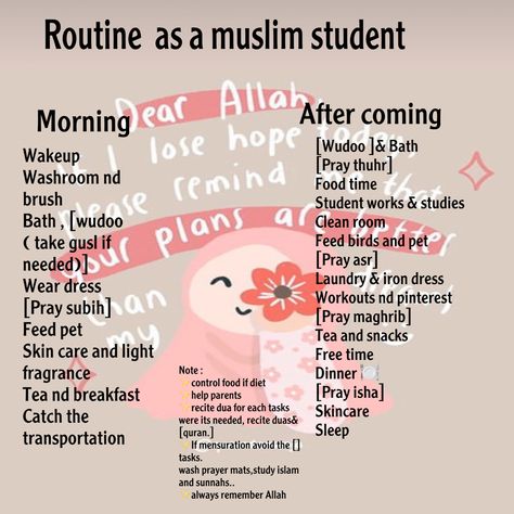 Muslim girl student routine Islam girl student routine #islamicroutine Save this pin and have a great day ..follow me for more support so i can post more😊✨✨✨💕 Islamic Routine For Students, Islamic Day Routine, Islamic Timetable For Students, Ramadan Routine For Students, Muslimah Daily Routine, Muslim Night Routine, Islamic Morning Routine, Daily Routine Schedule Muslim, Muslim Girl Routine