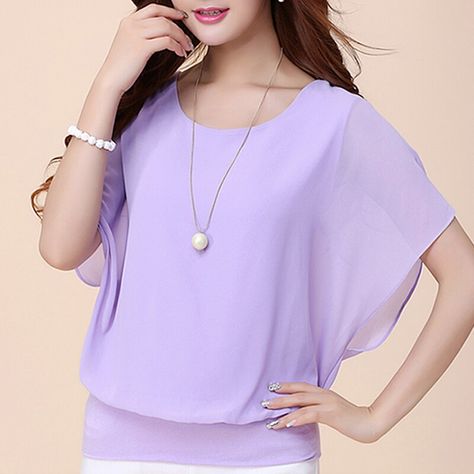 Material: Polyester Note: The color of the actual items may slightly vary from the above images due to different computer screen, thanks for your understanding. Blus Sifon, Beach Plus Size, Casual Chiffon Blouse, Batwing Shirt, Women Chiffon Blouse, Short Shirt, Chiffon Material, Women Sleeve, Round Neck Tops