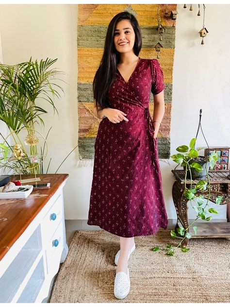 Wrap Cotton Dress, Cotton Ikat Dress, Wrap Dress Cotton, Pochampally Dress Designs Cotton, Cotton Dress Designs Casual Western, Wrap Kurti Design, Kurtha Tops Designs For Women, Cotton Long Dress Designs, Ikat Kurta Designs Cotton