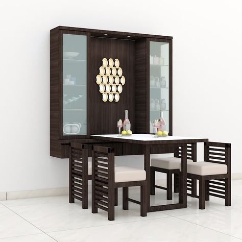 Space Saving Foldable 4 - Seater Wooden Wall mounted murphy Wooden 🍽 Dining Table with attached Crockery Unit & Wooden Cushioned 🪑 Chairs - GharPedia Essen, Table Chairs Design, Wall Mounted Dining Table, Wall Dining Table, Dining Table Small Space, Space Saving Dining Table, Foldable Dining Table, Crockery Unit Design, Wooden Dining Table Designs