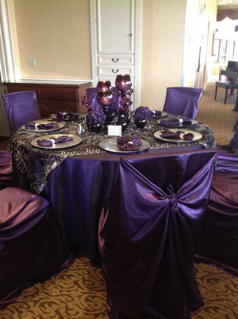 Black, Silver and Plum Purple And Black Wedding Table Decor, Black And Purple Chambelanes, Dark Purple And Black Quinceanera Dresses, Dark Purple Decorations, Dark Purple Dress Quinceanera, Plum Quinceanera Theme, Black Purple And Silver Wedding, Purple And Black Quince Dress, Black And Purple Sweet 16 Decorations