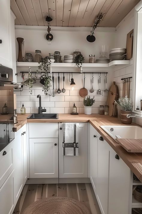 Wood Countertops White Cabinets, Small Kitchen Redesign, Kitchen Ideas Small Space, Cottage Country Kitchen, Cottage Kitchen Ideas, Tiny Cottage Kitchen, Modern Cottage Kitchen, Kichen Design, Small Farmhouse Kitchen