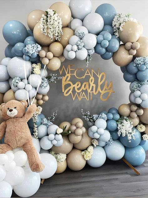 Cute bear baby shower decorations, balloon arch in beige and light blue tones Bear Balloon Arch, Birthday Bear Theme, Cream Balloons, Teddy Bear Balloon, Teddy Bear Baby Shower Theme, Whimsical Baby Shower, First Birthday Balloons, Bear Baby Shower Theme, Peach Baby Shower