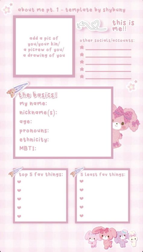 Sanrio Writing Paper, Organisation, Character Intro Sheet, About Me Template Aesthetic Pink, Rabbitpedia Template, Aesthetic Pamphlet, Cute Id Card Template, Templates To Fill Out Tiktok, Touch Me Chart