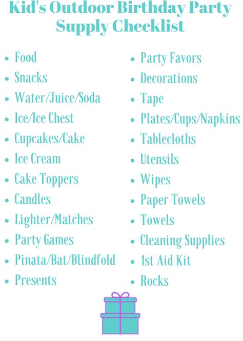 Kid's Birthday Party Checklist | Detailed Wife Organized Life Birthday Party Food List, Kids Birthday Party Checklist, Birthday Party List, Party Essentials List, Birthday Party Supplies Checklist, Park Birthday Party Ideas, Party Food List, Party Supplies Checklist, Birthday Party Planning Checklist