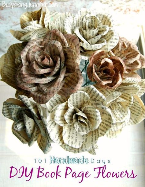 DIY Book Page Flowers - BusyBeingJennifer.com #101HandmadeDays Foil Flowers Diy, Book Flowers Diy, Book Bouquet Diy, Book Page Flowers, Old Book Crafts, Paper Flower Arrangements, Fleurs Diy, Book Page Crafts, Book Page Art