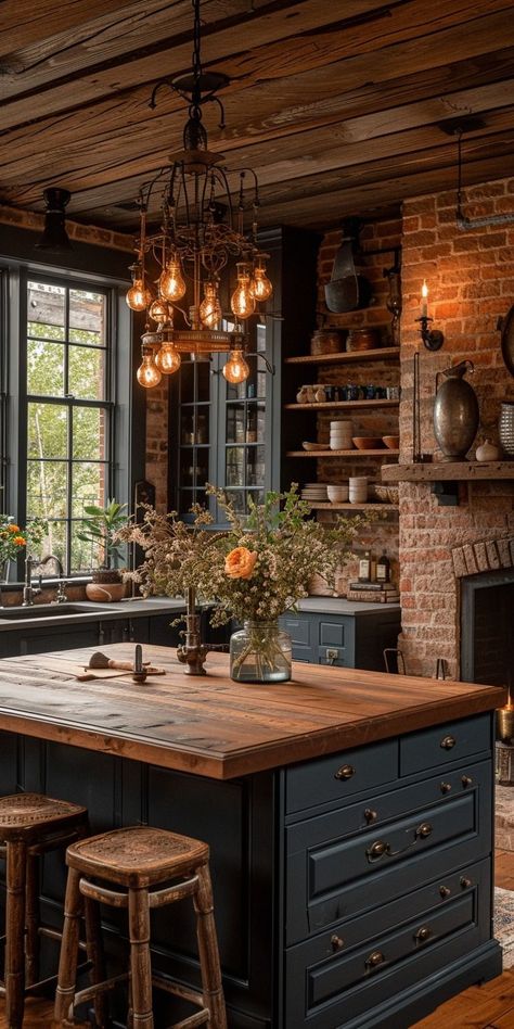 Cottage Living Room Chandelier, Chimneys In Kitchen, Gorgeous Kitchens Farmhouse, Kitchen Design Rustic Vintage, Dark Cottage Kitchen Ideas, Black Kitchen Cabinets With Butcher Block Counters Rustic, Farm Style Cabinets, Distressed Interior Design, Black Kitchen And Living Room Combo