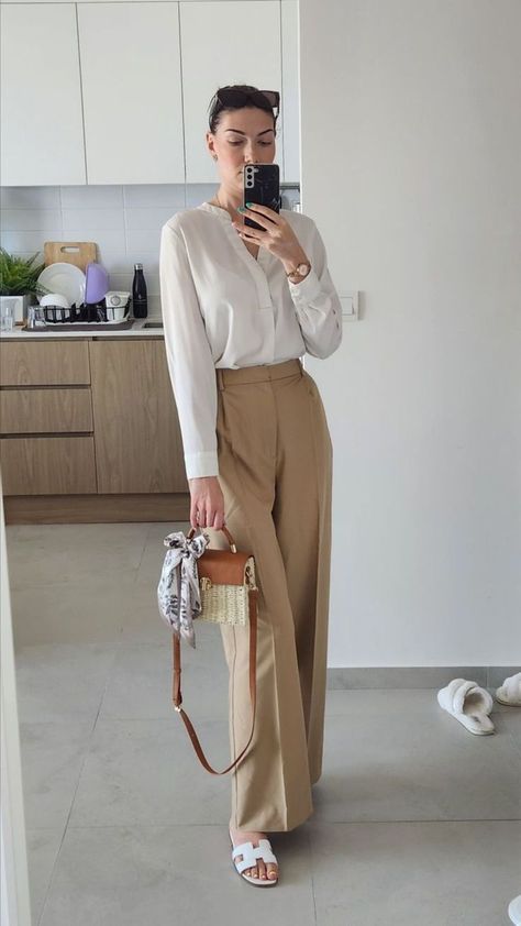 White Pants And Brown Top Outfit, Cream Shirt Outfit Women Work, How To Style Beige Formal Pants, White Blouse Formal Outfit, Brown Top Outfit Work, Khaki Office Pants Outfit, Cream Beige Outfit, Silk Fit Pants, White Top Beige Pants