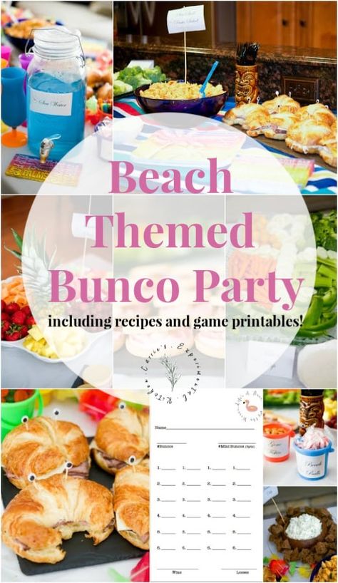 Have even more fun while hosting your next Bunco night with these Beach Themed Bunco Party menu ideas; including free game printables! Beach Theme Appetizers, Bunco Dinner Ideas, Bunco Themes Ideas, Beach Themed Party Ideas, Bunko Themes, Party Game Printables, Bunco Snacks, Bunko Food, Bunko Party