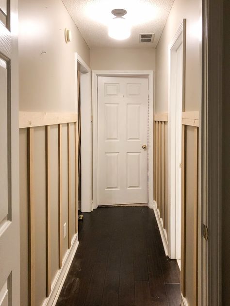 Board And Batten Wall In Hallway, Diy Board And Batten Wall Hallway, Hallway Wall Board And Batten, Board And Batten Hallway Decor, Hallway Ideas Board And Batten, Upstairs Narrow Hallway Ideas, Diy Hallway Remodel, Hallway Batten Wall, Entry Wall Board And Batten