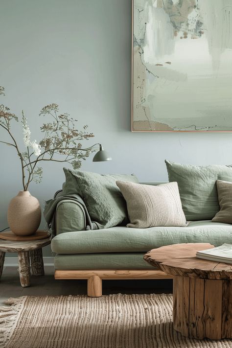 Discover 39+ Ways to Create a Refreshing Blue and Green Living Room Light Blue Sofa Decor, Green Sofa Wallpaper, Green Blue And Beige Color Palette, Green And Blue Accents Living Room, Light Blue Sofa Living Room Ideas Decor, Sage Green Sofas, Light Blue Playroom, Light Sage Living Room, Living Room Sage Green Walls