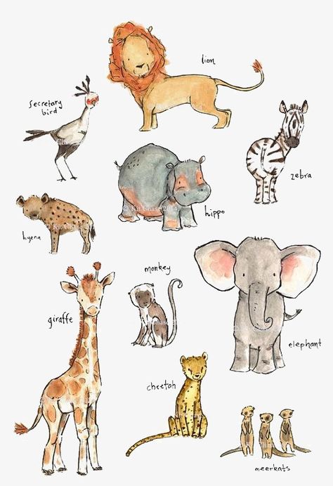 Baby Giraffe Nursery Art, Safari Animal Watercolor, Animal Paintings For Nursery, Watercolor Jungle Animals Nursery Art, Drawing Jungle Animals, Watercolour Jungle Animals, Safari Watercolor Animals, Cute Jungle Animal Drawings, Watercolour Safari Animals