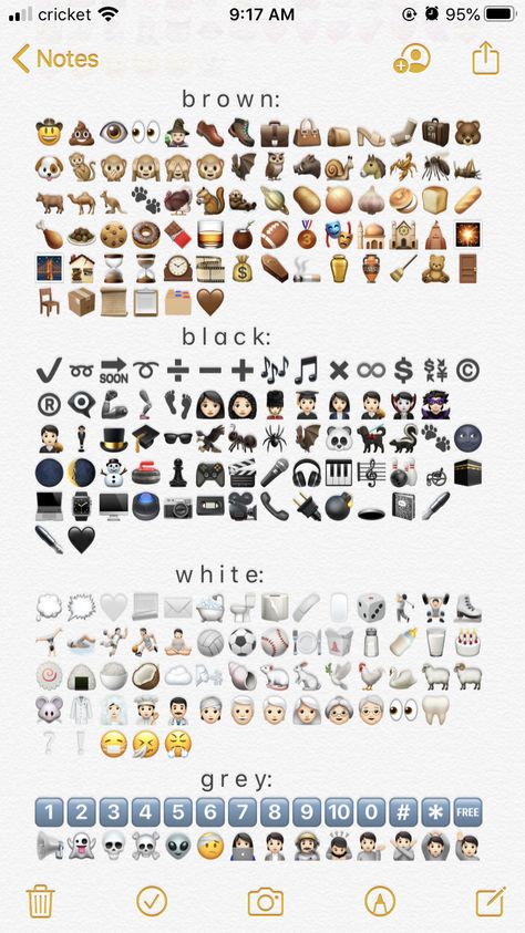 brown emojis, black emojis, white emojis, grey emojis, organized into colored order Brown Emoji Aesthetic, White Aesthetic Emojis, Black Emoji Combos, Black And White Emoji Combos, New Emojis Iphone Ios, Brown Emoji Combos, Grunge Emojis, Vintage Emojis, Brown Emoji Combinations