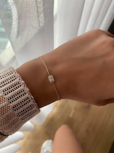 14k Yellow Gold Baguette Stone Bracelet | Etsy Minimal Rings Minimalist Jewelry, Gold Bracelet For Women Classy, Timeless Bracelet, Real Gold Bracelet, Baguette Bracelet, Delicate Gold Bracelet, Eternity Bracelet, Golden Bracelet, Delicate Gold Chain