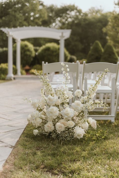 Ashley & Nathan | Saphire Event Group Wedding Flowers On Tables, Big Bride Bouquet, Wedding Flower Arbor Ideas, Florals For Ceremony, Flowers Down The Aisle Wedding Outside, Ceremony Arch White Flowers, Wedding Ground Arches, Beginning Of Aisle Wedding Decor, Wedding Ground Arrangement