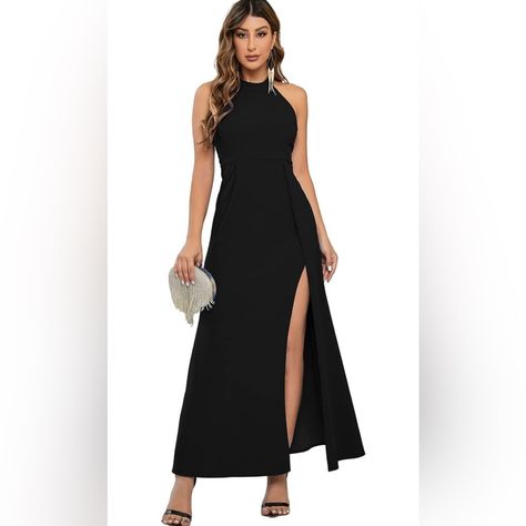 Black Halter Neck Formal Dress Women Split Sleeveless Cocktail Evening Bridesmaid Long Dress Wedding Guest Dress. Halter Style Neckline. Single Button Closure Around Back Of Neck With Zipper In Back. Double Slits On Front. Size L. Nwt This Elegant Evening Gowns Is Made Of The Polyester And Spandex. The Fabric Drapes Beautifully, Enhancing The Body's Natural Curves And Creating A Flattering Silhouette. Halter Neck Design: Classy Long Dress Features A Halter Neck Design, Which Provides A Stylish A Wedding Guest Dress Halter, Halter Neck Formal Dress, Long Dress Wedding Guest, Black Tie Cocktail Dress, Purple Maternity Dress, Classy Long Dress, Formal Dress Women, Long Dress Wedding, Sorella Vita Bridesmaid Dresses