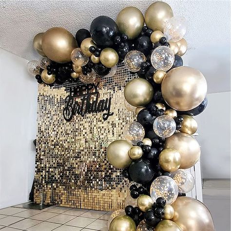 Black Gold Balloon Garland, Gold Balloon Garland, Black And Gold Party Decorations, Black Gold Party, Black And Gold Balloons, Balloon Garland Arch, Balloon Chain, Gold Party Decorations, Garland Arch