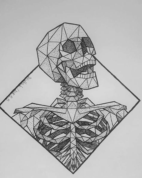 Anime Geometric Art, Geometric Skeleton Tattoo, Drawings With Geometric Shapes, Geometric Skull Design, Geometric Drawing Ideas, Skeleton Doodle, Draw Skeleton, Skull Geometric, Drawing Sharpie